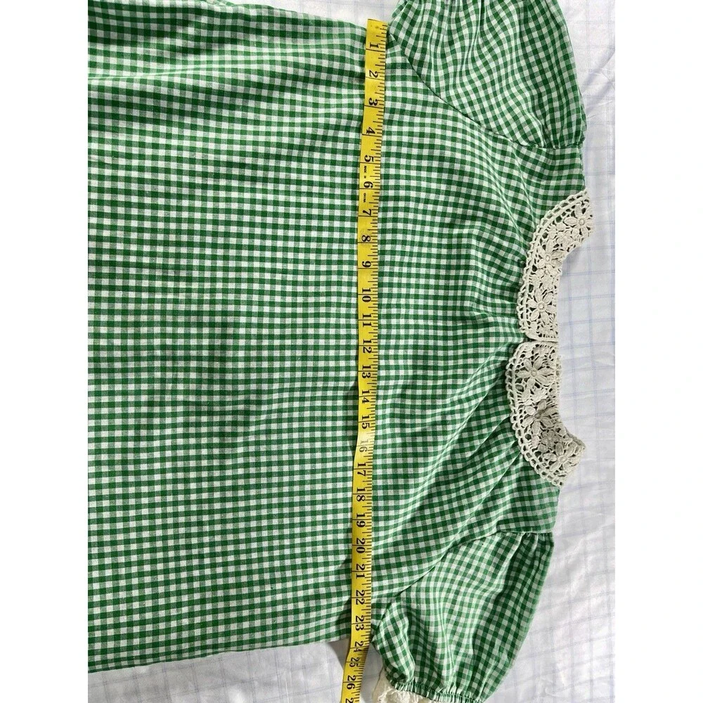 Vintage-Style Green Gingham Crochet Lace Collar House Dress - Size L/XL - Picture 10 of 16